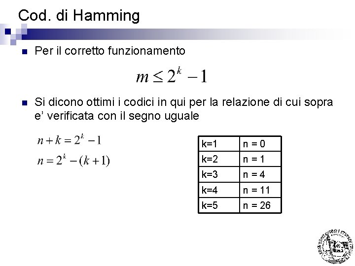 Cod. di Hamming n Per il corretto funzionamento n Si dicono ottimi i codici