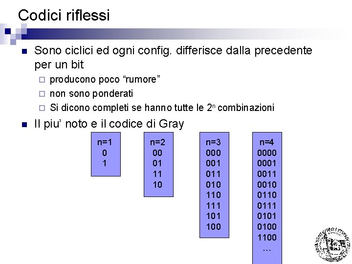 Codici riflessi n Sono ciclici ed ogni config. differisce dalla precedente per un bit