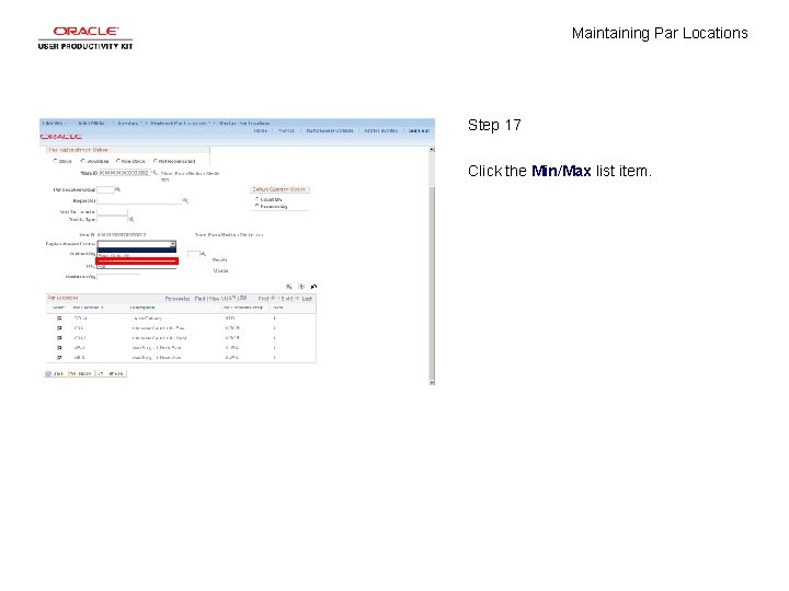 Maintaining Par Locations Step 17 Click the Min/Max list item. 