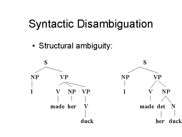 Syntactic Disambiguation • Structural ambiguity: S NP I S VP V NP NP VP Syntactic Disambiguation • Structural ambiguity: S NP I S VP V NP NP VP