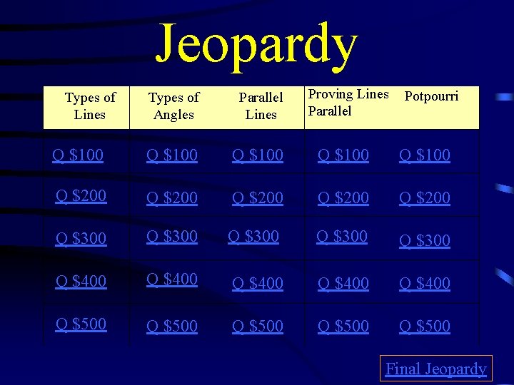 Jeopardy Types of Lines Proving Lines Parallel Potpourri Types of Angles Parallel Lines Q