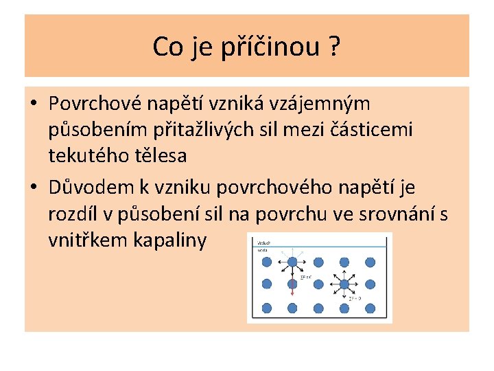 Co je příčinou ? • Povrchové napětí vzniká vzájemným působením přitažlivých sil mezi částicemi