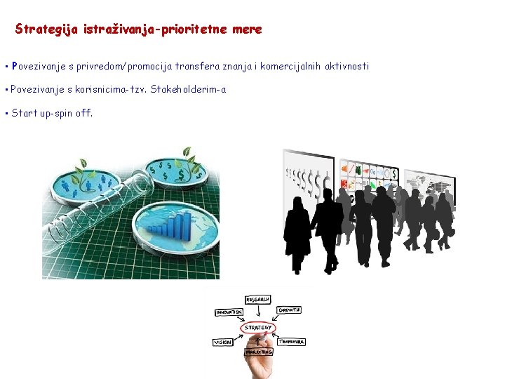 Strategija istraživanja-prioritetne mere • Povezivanje s privredom/promocija transfera znanja i komercijalnih aktivnosti • Povezivanje