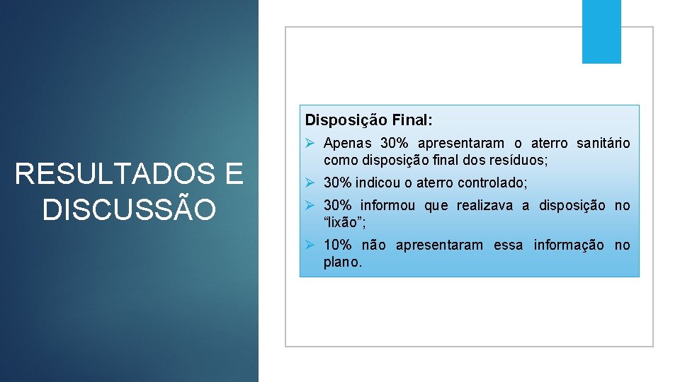 Disposição Final: RESULTADOS E DISCUSSÃO Ø Apenas 30% apresentaram o aterro sanitário como disposição