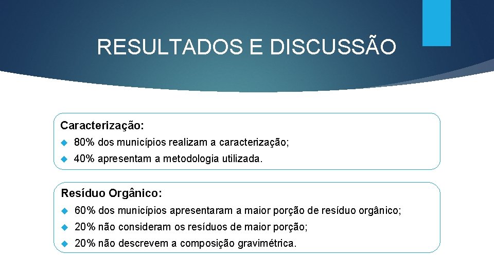 RESULTADOS E DISCUSSÃO Caracterização: 80% dos municípios realizam a caracterização; 40% apresentam a metodologia