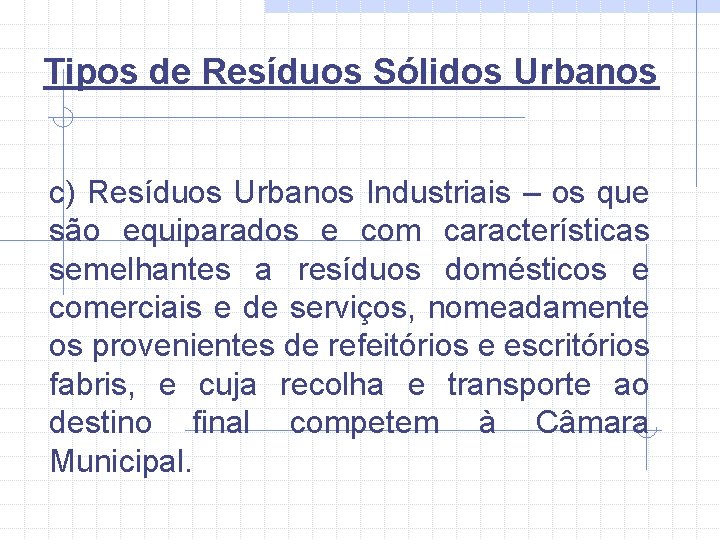 Tipos de Resíduos Sólidos Urbanos c) Resíduos Urbanos Industriais – os que são equiparados