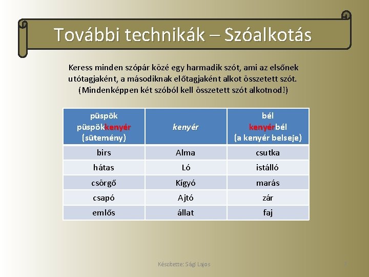 További technikák – Szóalkotás Keress minden szópár közé egy harmadik szót, ami az elsőnek