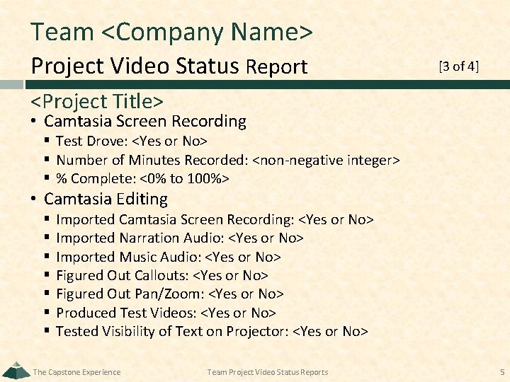 Team <Company Name> Project Video Status Report [3 of 4] <Project Title> • Camtasia