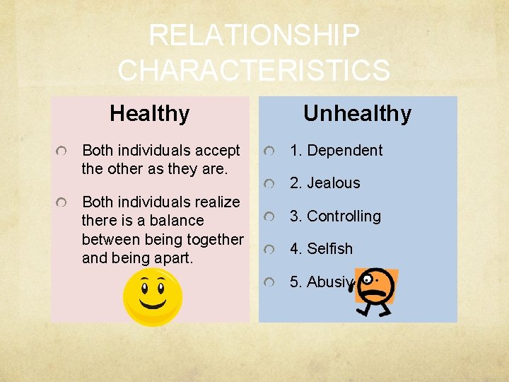 RELATIONSHIP CHARACTERISTICS Healthy Both individuals accept the other as they are. Both individuals realize