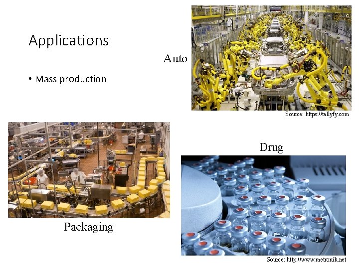 Applications Auto • Mass production Source: https: //tallyfy. com Drug Packaging Source: http: //www.