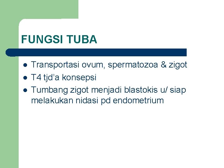 FUNGSI TUBA Transportasi ovum, spermatozoa & zigot T 4 tjd’a konsepsi Tumbang zigot menjadi