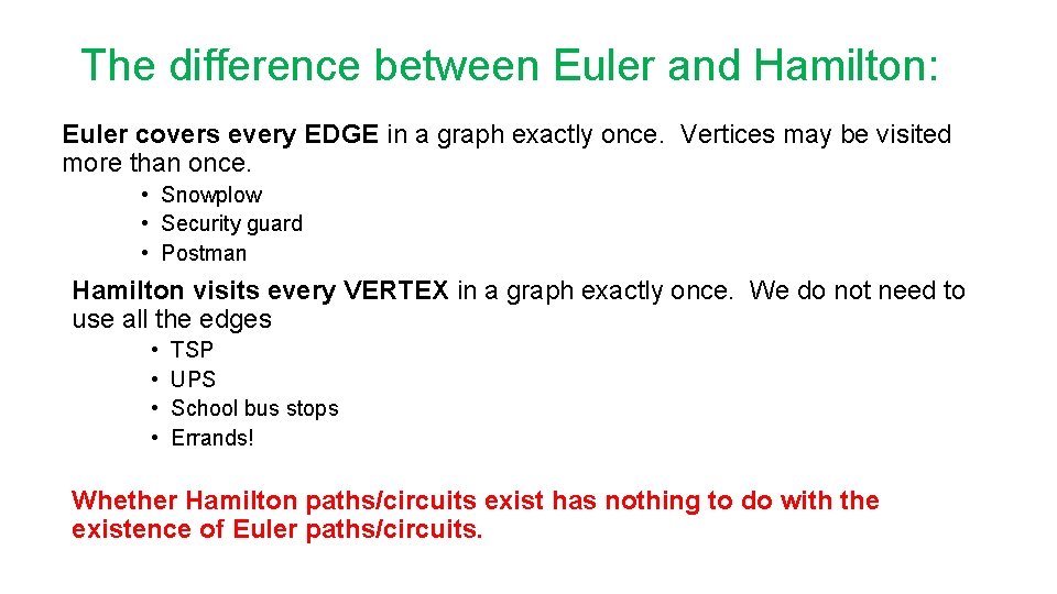 The difference between Euler and Hamilton: Euler covers every EDGE in a graph exactly