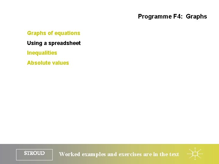 Programme F 4: Graphs of equations Using a spreadsheet Inequalities Absolute values STROUD Worked