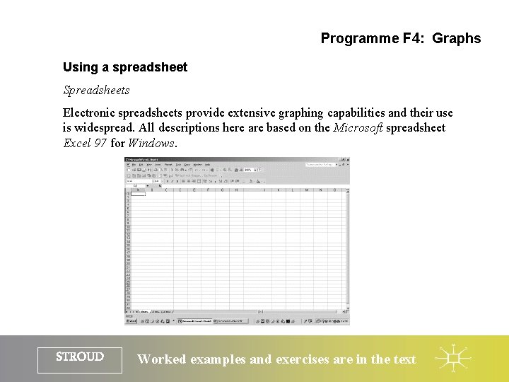 Programme F 4: Graphs Using a spreadsheet Spreadsheets Electronic spreadsheets provide extensive graphing capabilities