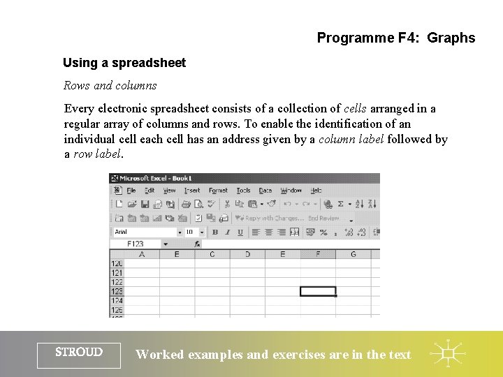 Programme F 4: Graphs Using a spreadsheet Rows and columns Every electronic spreadsheet consists