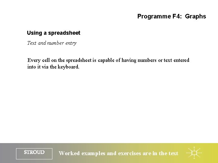 Programme F 4: Graphs Using a spreadsheet Text and number entry Every cell on