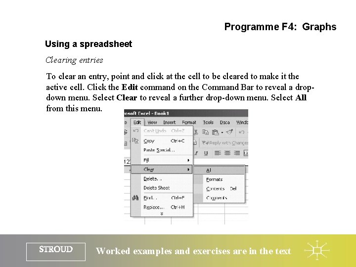 Programme F 4: Graphs Using a spreadsheet Clearing entries To clear an entry, point