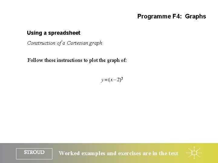 Programme F 4: Graphs Using a spreadsheet Construction of a Cartesian graph Follow these