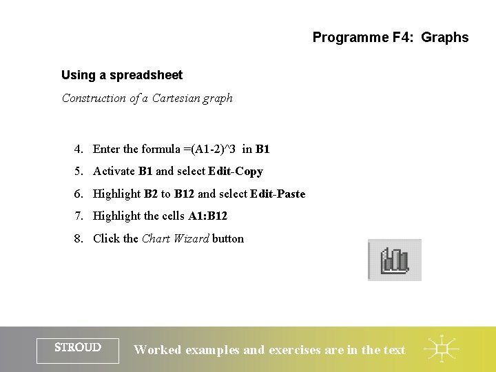 Programme F 4: Graphs Using a spreadsheet Construction of a Cartesian graph 4. Enter