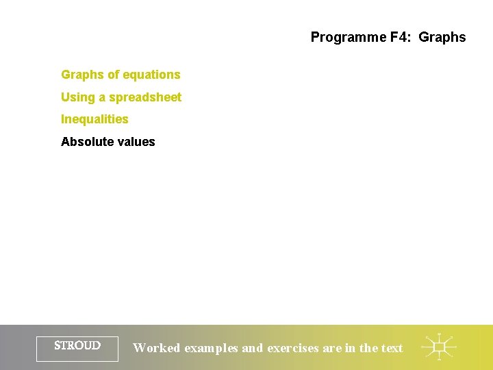 Programme F 4: Graphs of equations Using a spreadsheet Inequalities Absolute values STROUD Worked