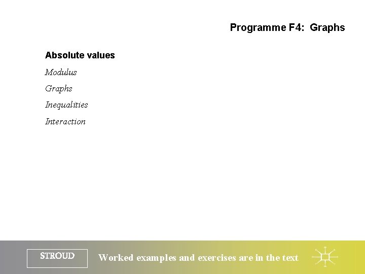 Programme F 4: Graphs Absolute values Modulus Graphs Inequalities Interaction STROUD Worked examples and