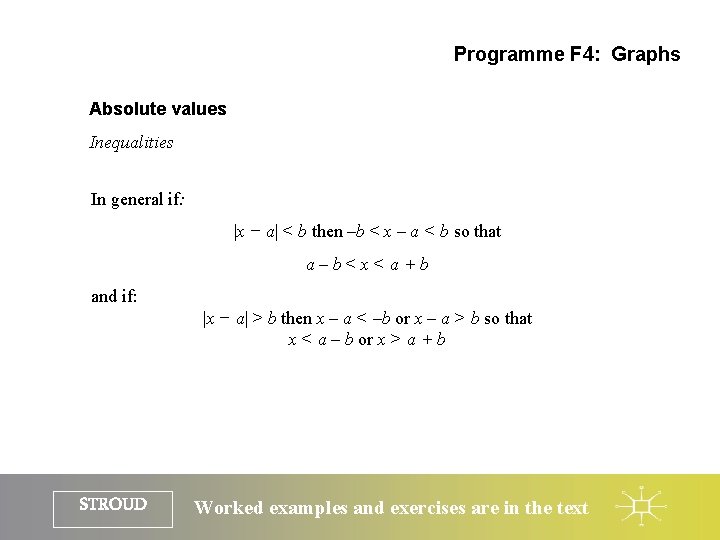 Programme F 4: Graphs Absolute values Inequalities In general if: |x − a| <