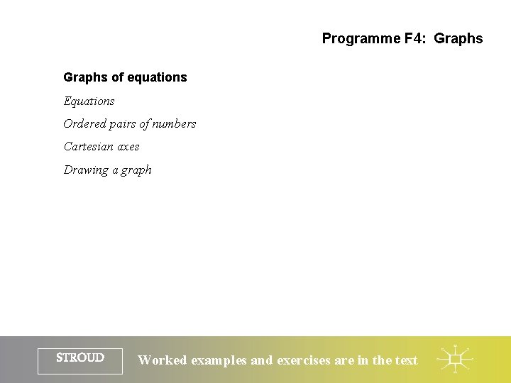 Programme F 4: Graphs of equations Equations Ordered pairs of numbers Cartesian axes Drawing