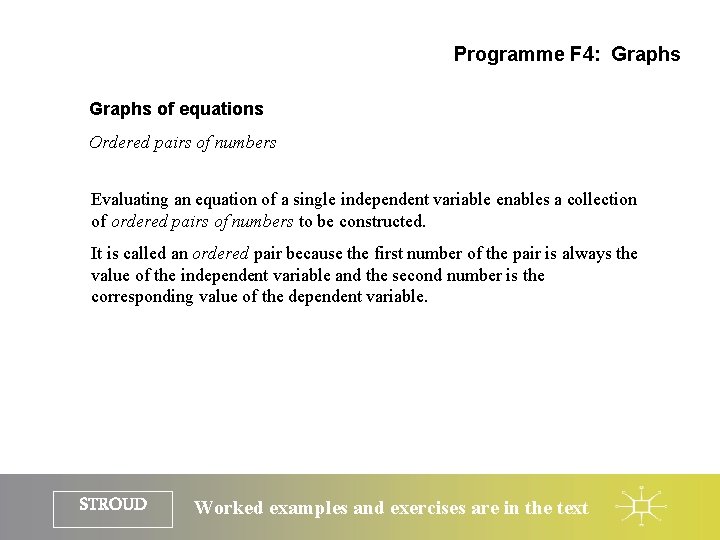 Programme F 4: Graphs of equations Ordered pairs of numbers Evaluating an equation of