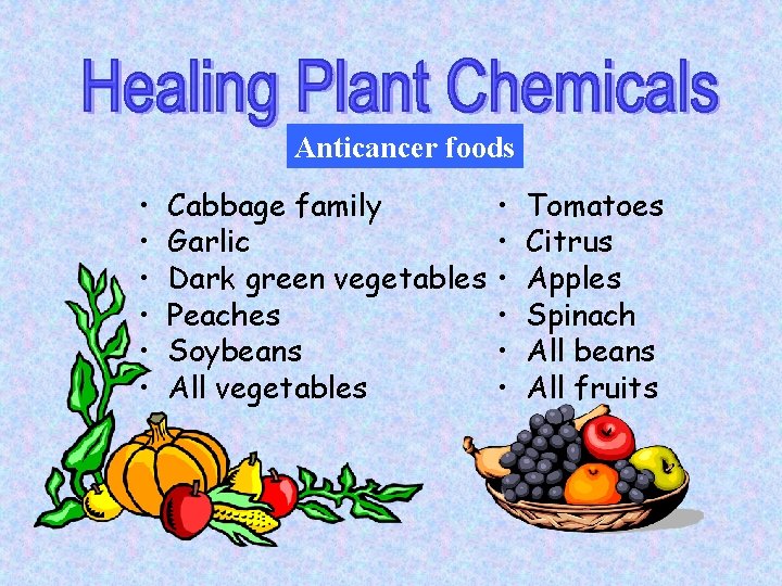 Anticancer foods • • • Cabbage family Garlic Dark green vegetables Peaches Soybeans All