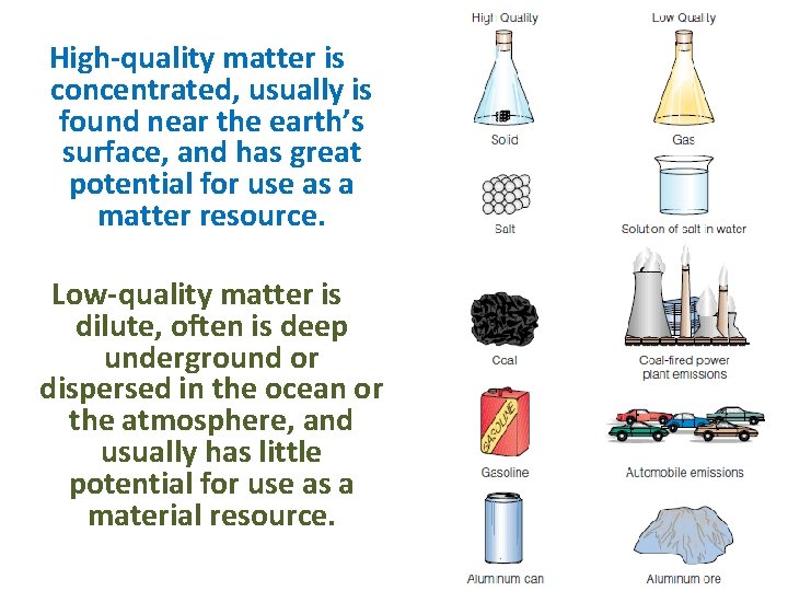 High-quality matter is concentrated, usually is found near the earth’s surface, and has great