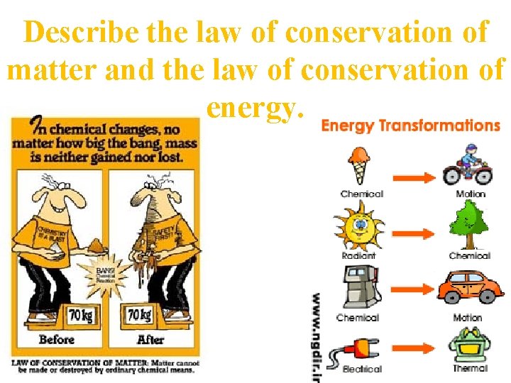 Describe the law of conservation of matter and the law of conservation of energy.