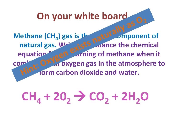 On your white board… O 2 s a y l l a r Methane