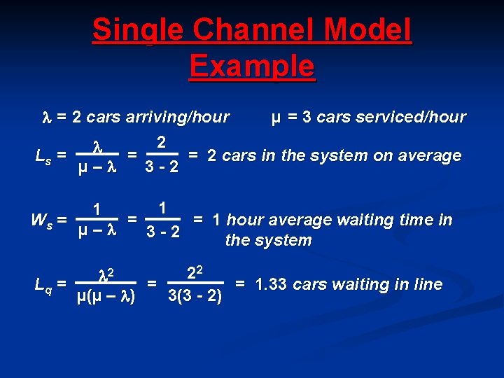 Single Channel Model Example = 2 cars arriving/hour µ = 3 cars serviced/hour 2