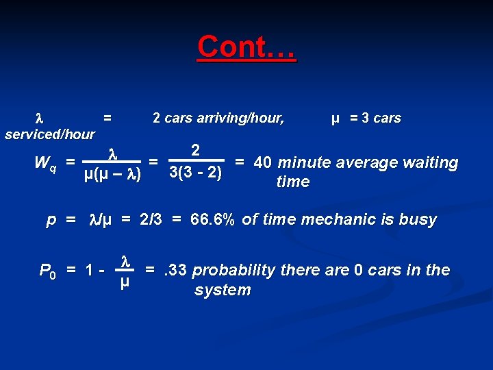 Cont… = serviced/hour 2 cars arriving/hour, µ = 3 cars 2 Wq = =