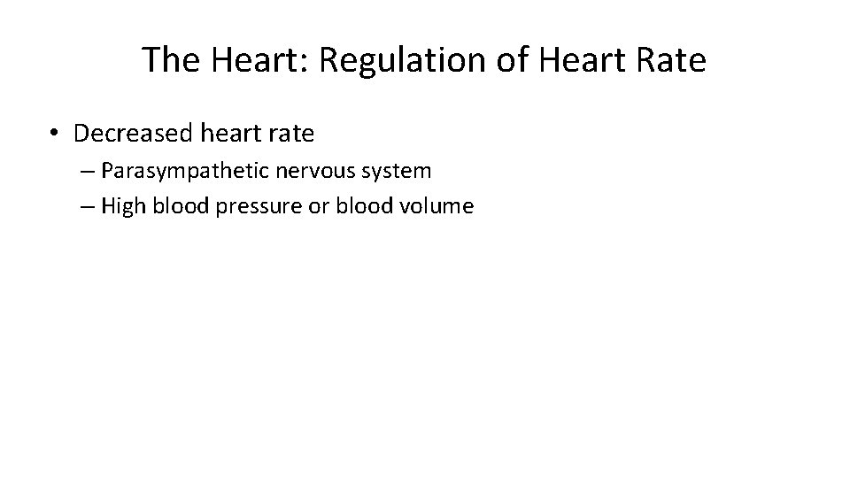 The Heart: Regulation of Heart Rate • Decreased heart rate – Parasympathetic nervous system