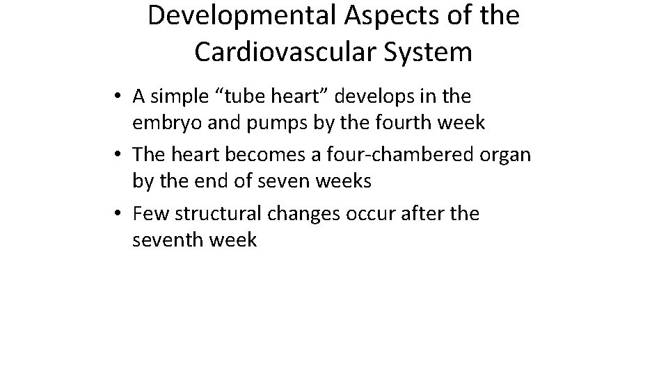 Developmental Aspects of the Cardiovascular System • A simple “tube heart” develops in the