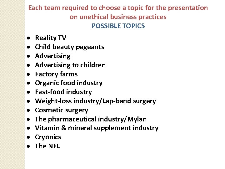 Each team required to choose a topic for the presentation on unethical business practices