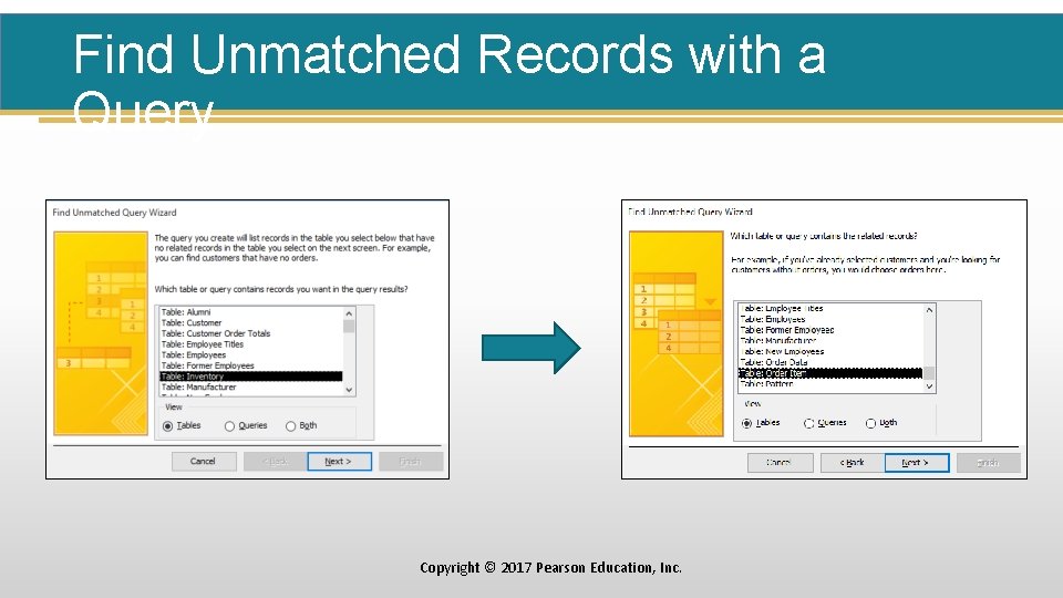Find Unmatched Records with a Query Copyright © 2017 Pearson Education, Inc. 