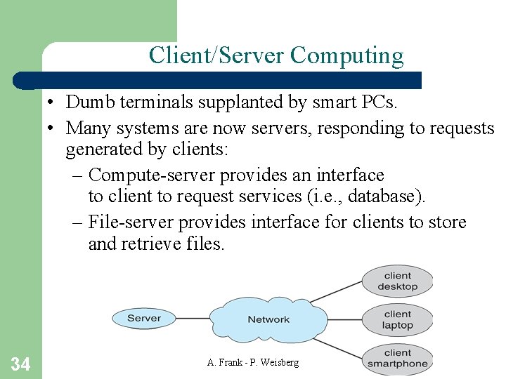 Client/Server Computing • Dumb terminals supplanted by smart PCs. • Many systems are now Client/Server Computing • Dumb terminals supplanted by smart PCs. • Many systems are now