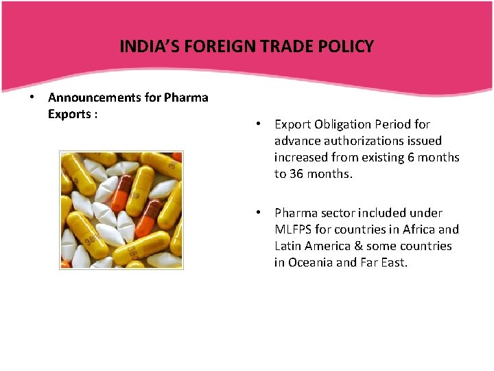 INDIA’S FOREIGN TRADE POLICY • Announcements for Pharma Exports : • Export Obligation Period