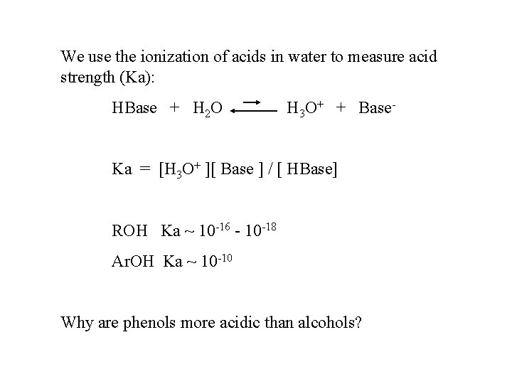 We use the ionization of acids in water to measure acid strength (Ka): HBase