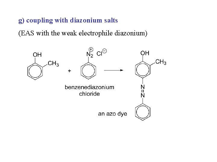 g) coupling with diazonium salts (EAS with the weak electrophile diazonium) 