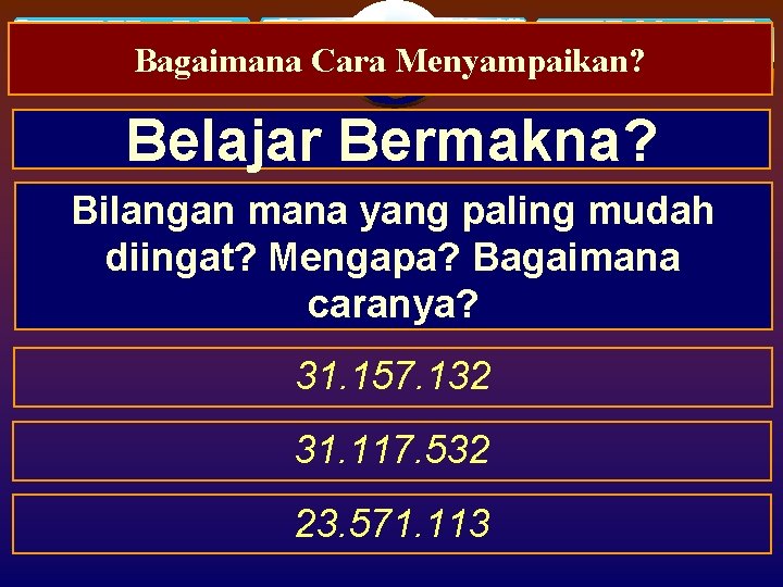 Bagaimana Cara Menyampaikan? Belajar Bermakna? Bilangan mana yang paling mudah diingat? Mengapa? Bagaimana caranya? Bagaimana Cara Menyampaikan? Belajar Bermakna? Bilangan mana yang paling mudah diingat? Mengapa? Bagaimana caranya?