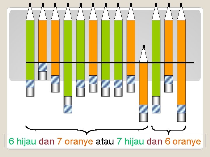 6 hijau dan 7 oranye atau 7 hijau dan 6 oranye 6 hijau dan 7 oranye atau 7 hijau dan 6 oranye