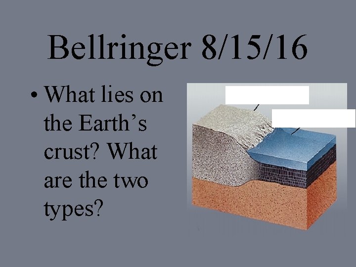 Bellringer 8/15/16 • What lies on the Earth’s crust? What are the two types?