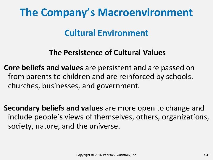 The Company’s Macroenvironment Cultural Environment The Persistence of Cultural Values Core beliefs and values