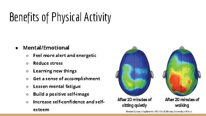 Benefits of Physical Activity ● Mental/Emotional ○ Feel more alert and energetic ○ Reduce