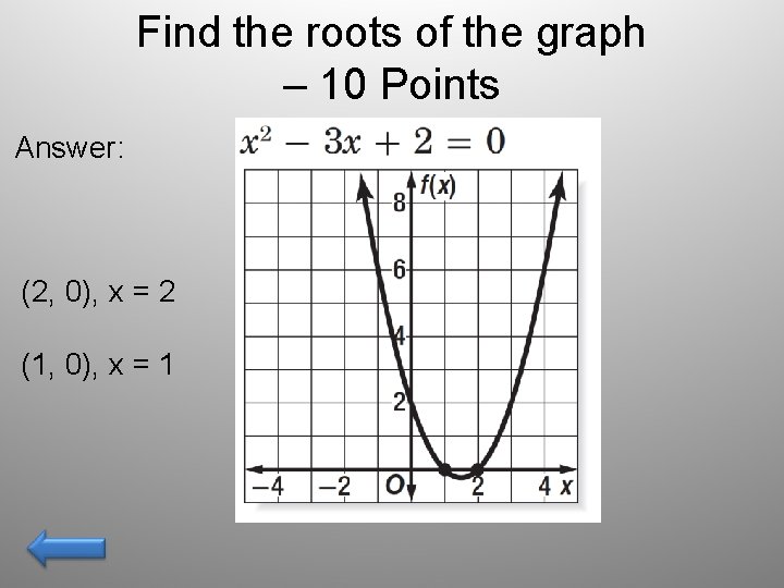 Find the roots of the graph – 10 Points Answer: (2, 0), x =
