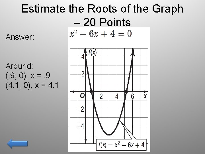 Estimate the Roots of the Graph – 20 Points Answer: Around: (. 9, 0),