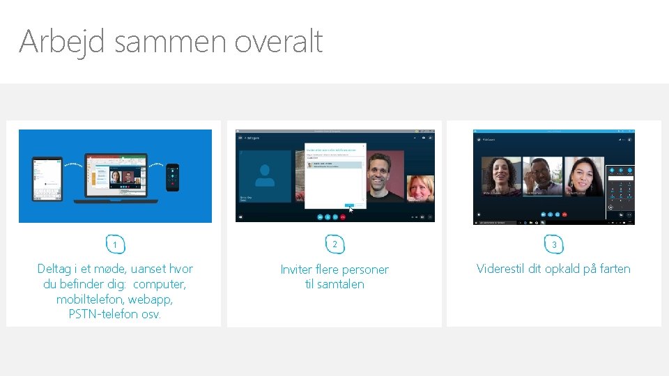 Arbejd sammen overalt 1 2 3 Deltag i et møde, uanset hvor du befinder